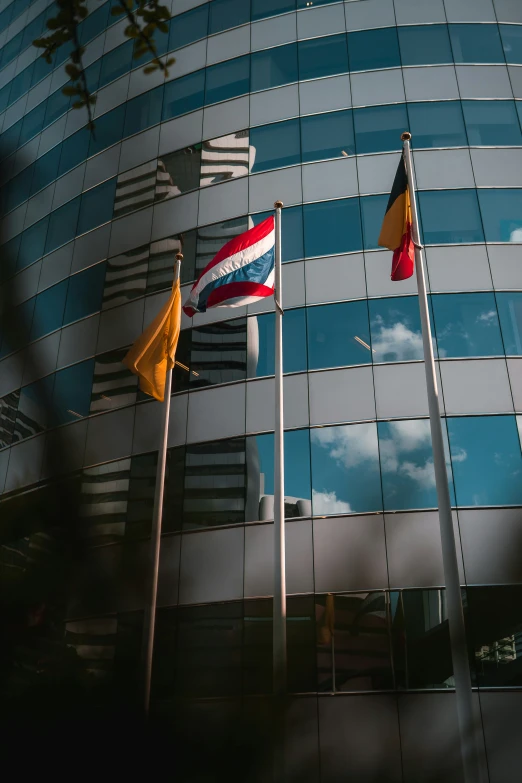 three flags in front of an office building