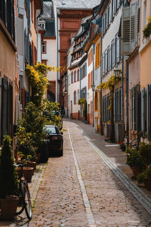 a bike parked on the back of an alley