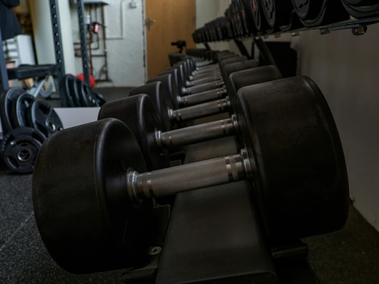 row of gym equipment in an empty gym