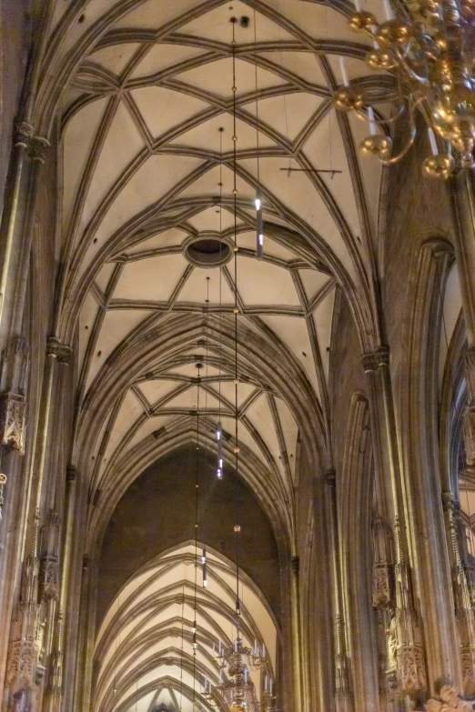 a cathedral with a bunch of chandeliers hanging from the ceiling