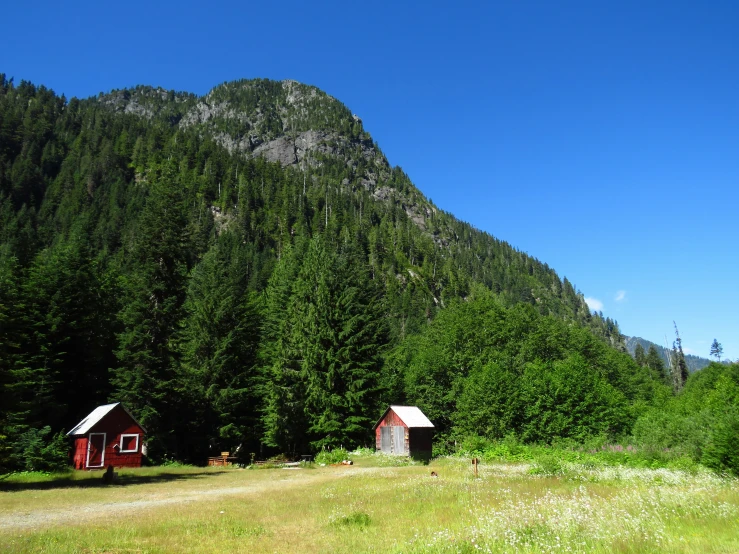 a po of two barns in a field