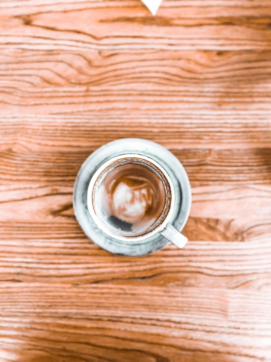 an elevated view of a coffee cup on a wooden table