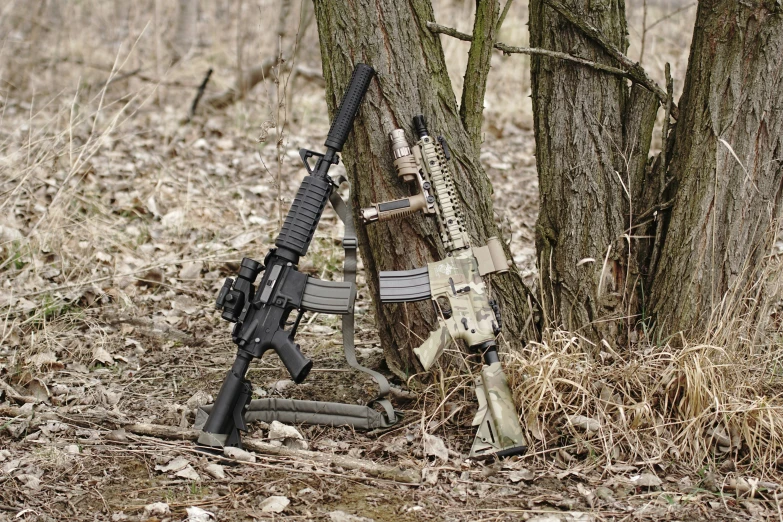 a rifle and a machine gun are sitting on the ground in a wooded area