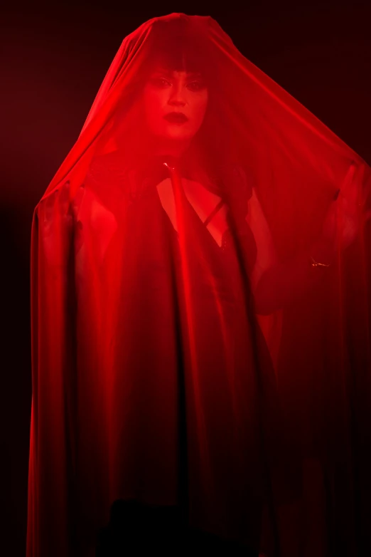 a woman wearing a red costume with a veil around her face