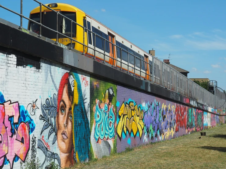 graffiti covering a wall with a commuter train passing by