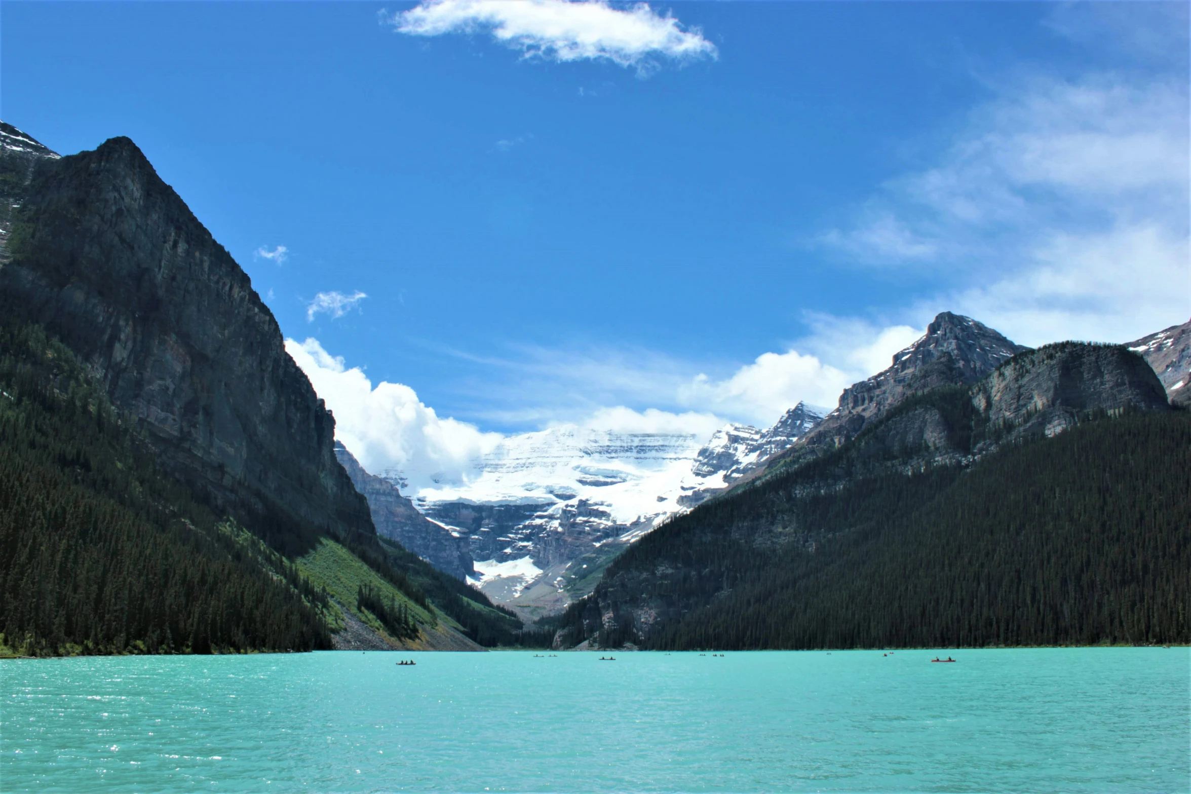 blue water surrounded by mountains and trees