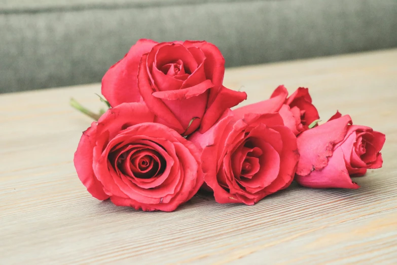 three red roses lying on a table