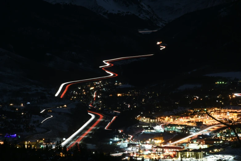 an extremely long exposure of the light traffic on the mountain side at night