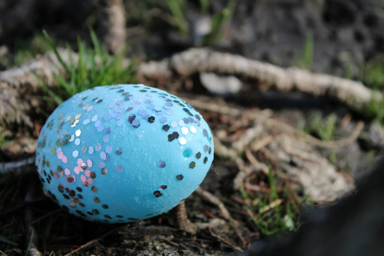 a blue ball with pink and blue sprinkles on it in the dirt