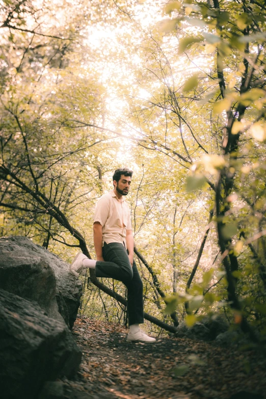 a man sitting on a tree nch in the woods