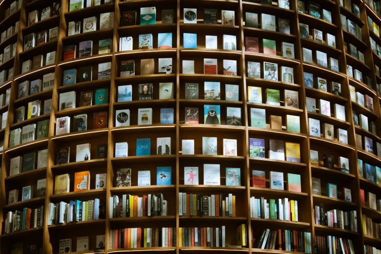 books on wooden shelves are stacked up to form a tower