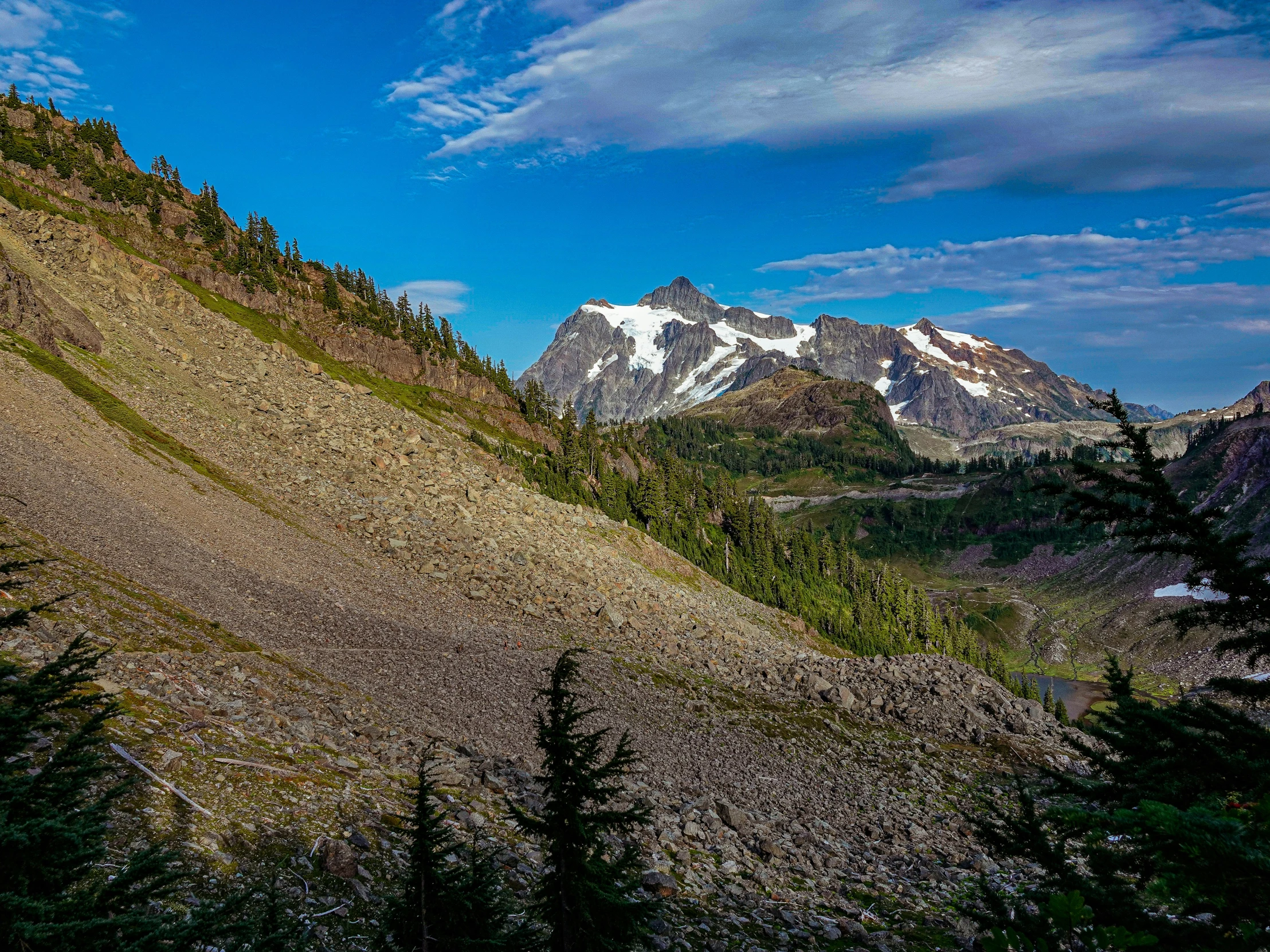 the mountains are covered with green trees and snow