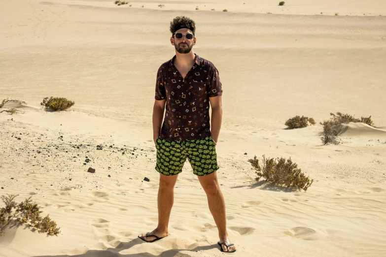 a man standing on a sandy beach with sunglasses on