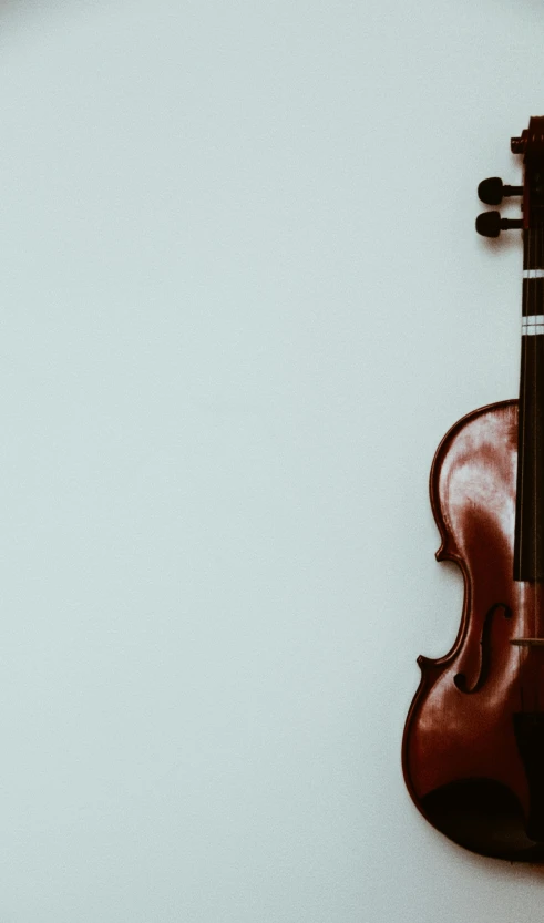 the underside of an electric violin resting against the wall