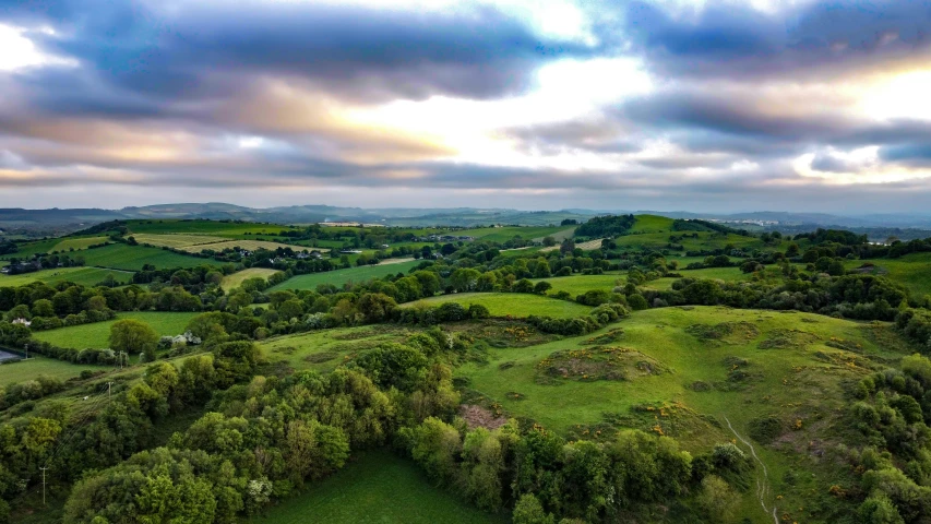 an overhead view of trees and green hills