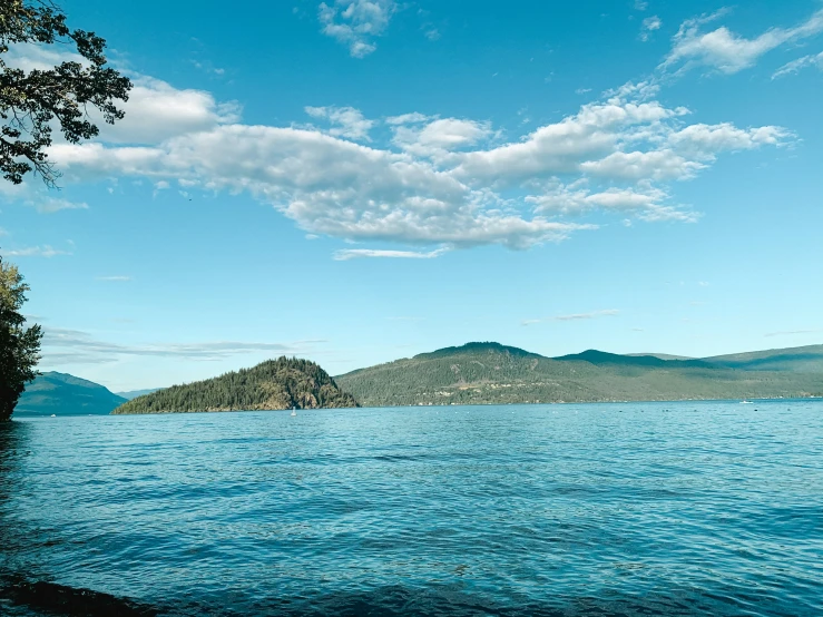 the water is blue with lots of clouds in it