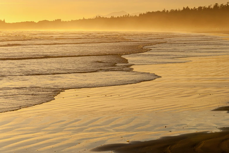 waves wash up onto the sandy beach on the water