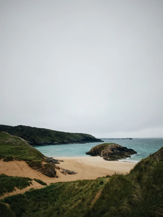 a beach that has lots of green grass and sand