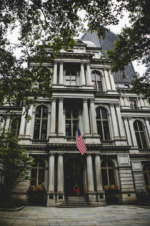 a building with an american flag on the front