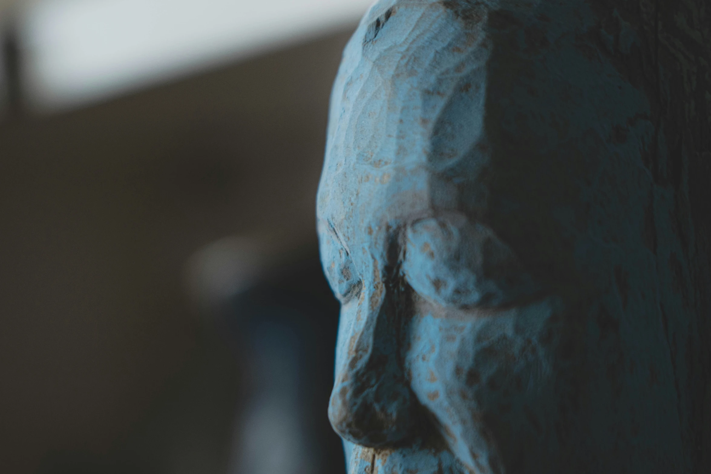 the side view of a bronze statue, with only its head facing forward