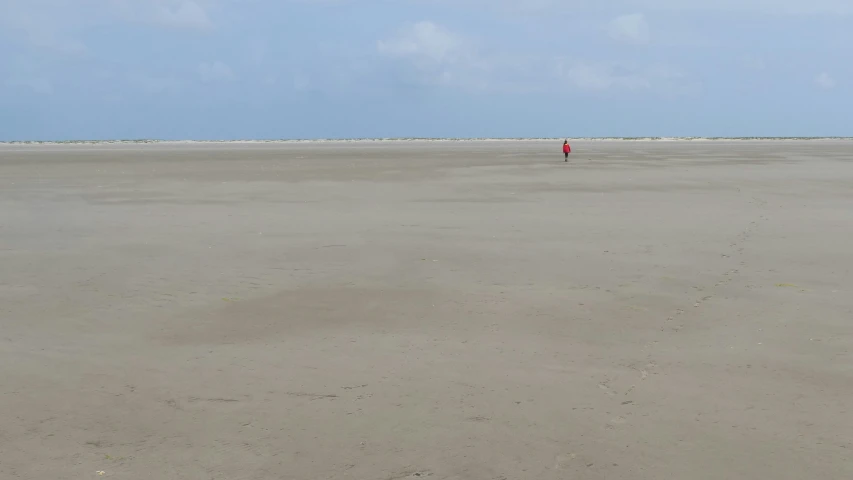 someone in red is flying a kite on the beach