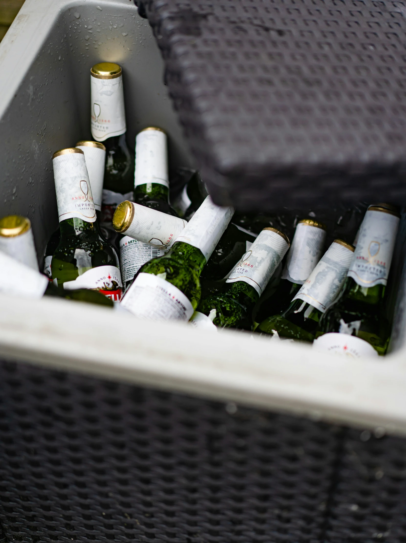 a cooler with some bottles and containers of beer