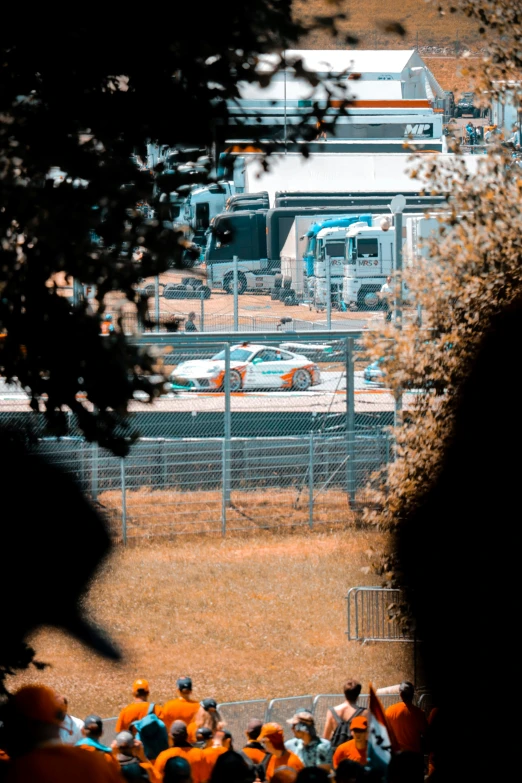 people sitting in a field with cars behind them