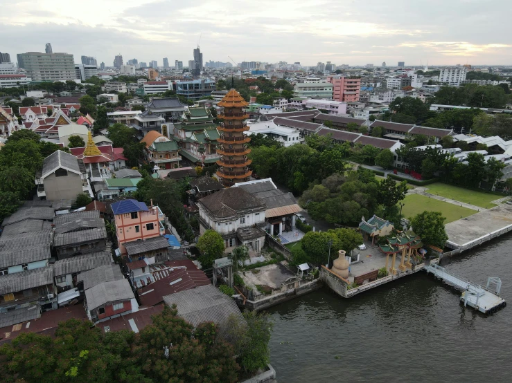 a view of a city skyline and a river, from above
