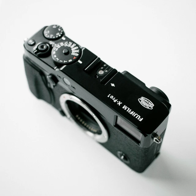 the camera is displayed on a white surface