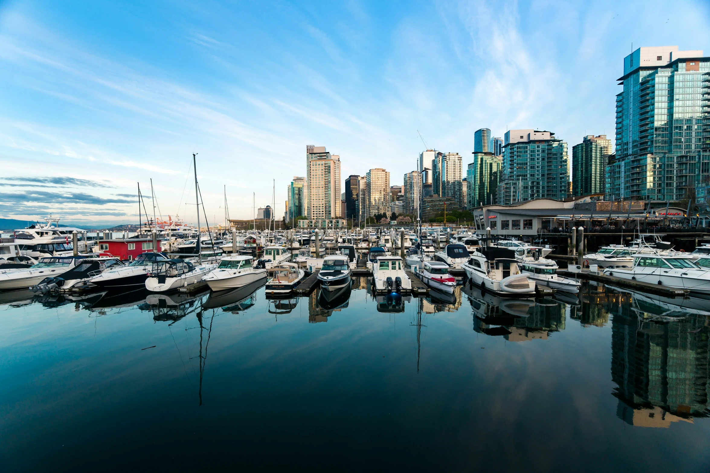 some boats docked at a harbor by a city