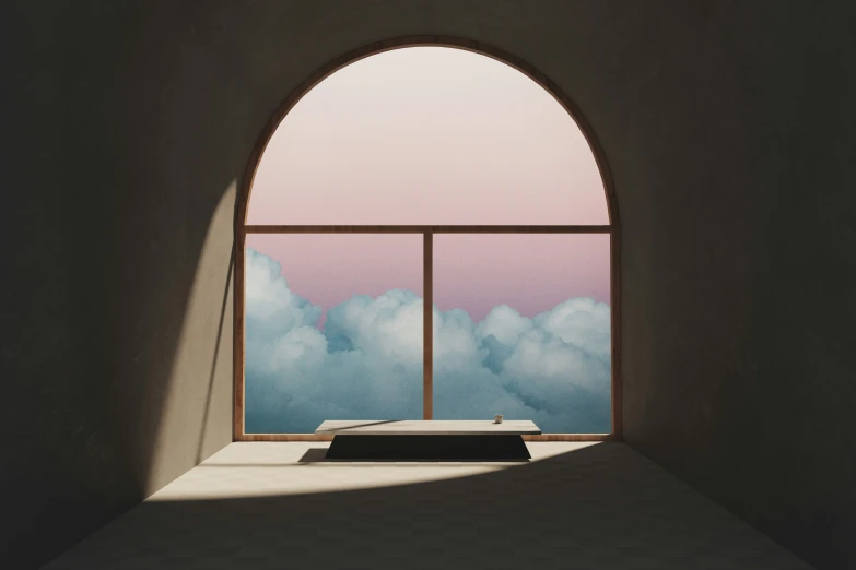 a picture of a window looking out to the clouds