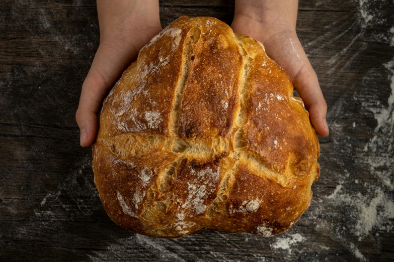 a large loaf of bread in someones hands