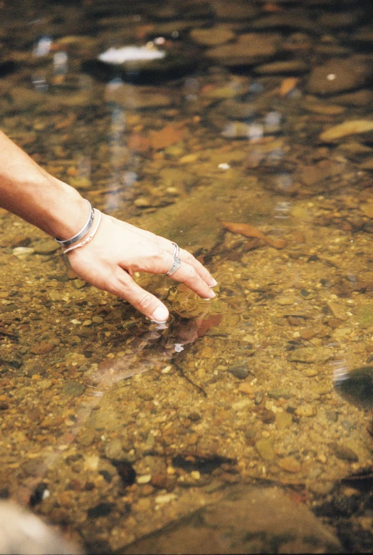 there is a hand reaching towards the water