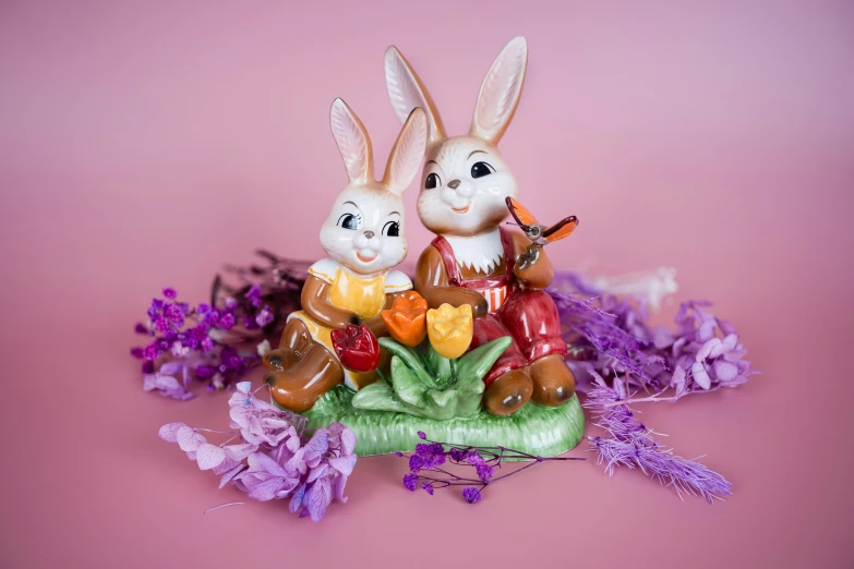 two bunny figurines standing beside each other with lavenders in front of them