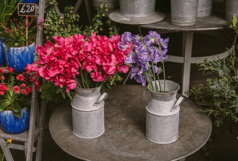 several pots of flowers sitting on top of a table