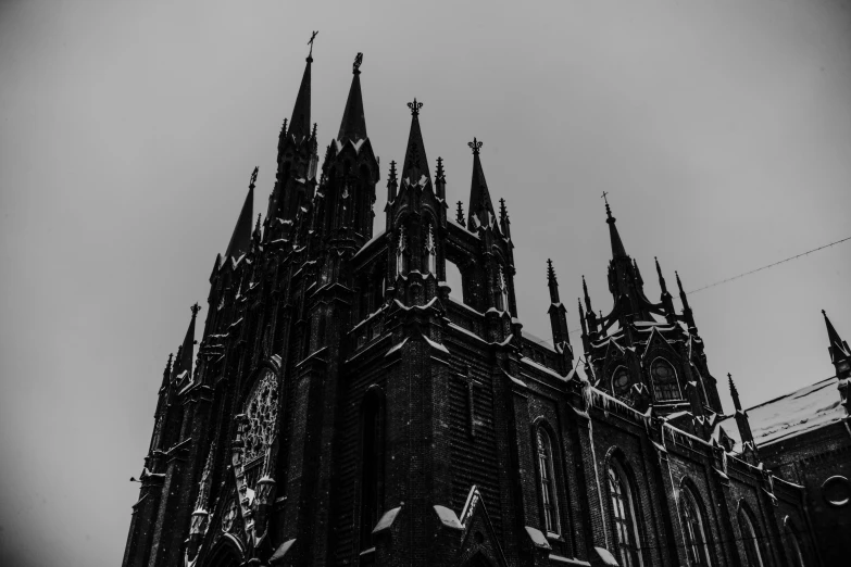 black and white pograph of large gothic church steeple