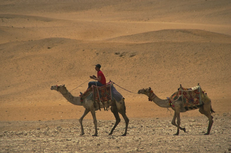 a man is riding on a camel in the desert