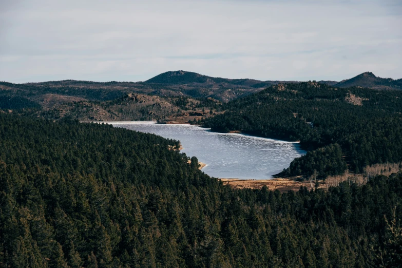 an image of a snowy lake surrounded by trees