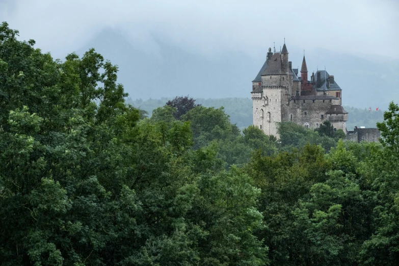 a castle surrounded by trees and clouds in the sky