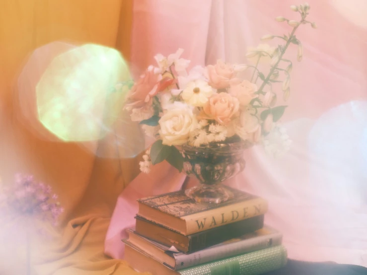 a stack of books next to some pink and yellow flowers