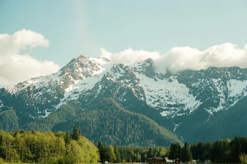 mountains with snow covered top and a forest