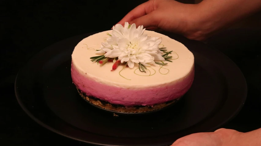 a person is holding a plate with a cake on it