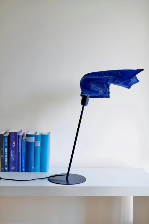 a table with books, a lamp and an umbrella on it