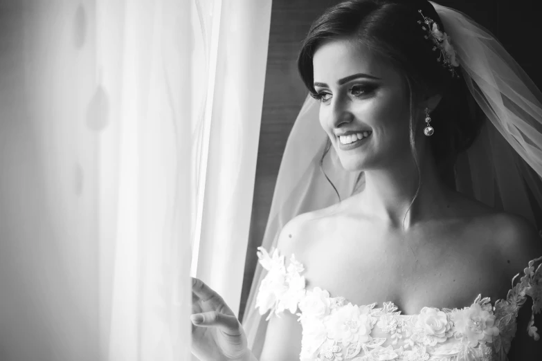 black and white pograph of bride in bridal gown