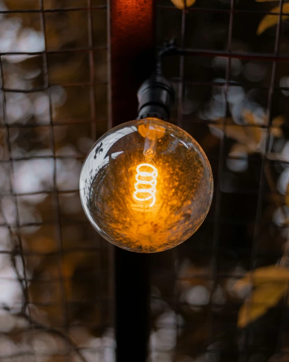 an lightbulb hanging from a cable over a fence