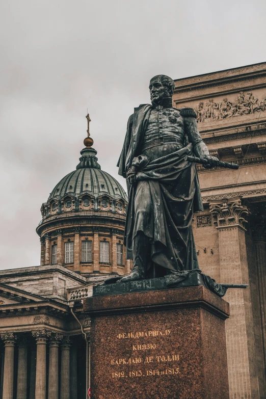 a statue of a man standing in front of an old church