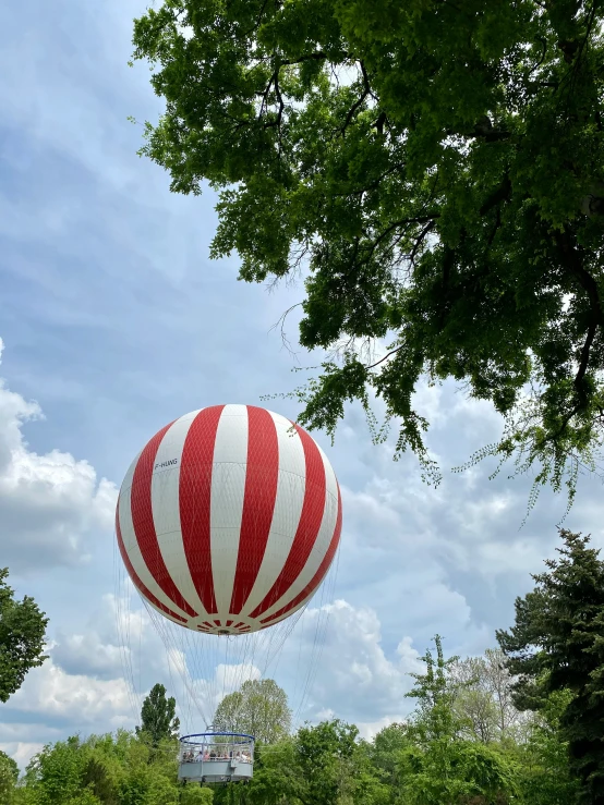 a large balloon in the sky above the trees