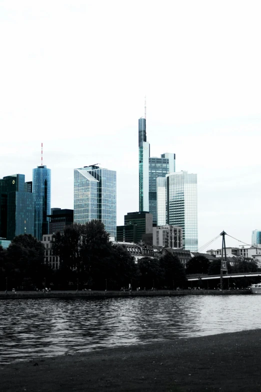 a skyline of high rise buildings is seen from across a river