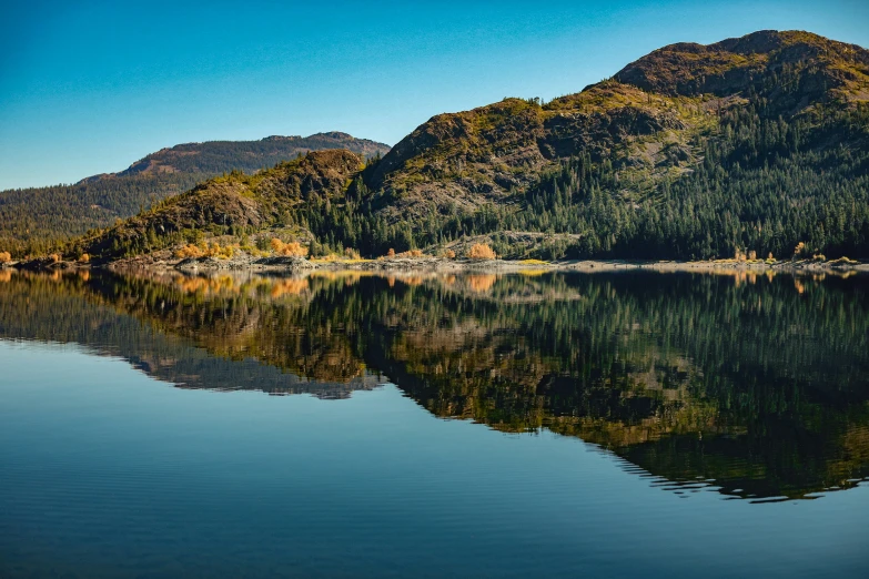 a view of a lake that is still clear