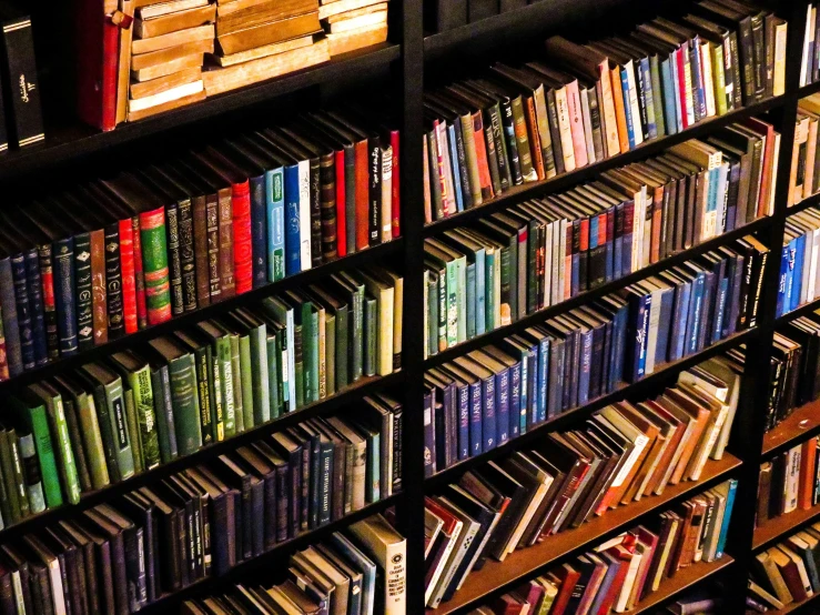 a rack full of books in a liry